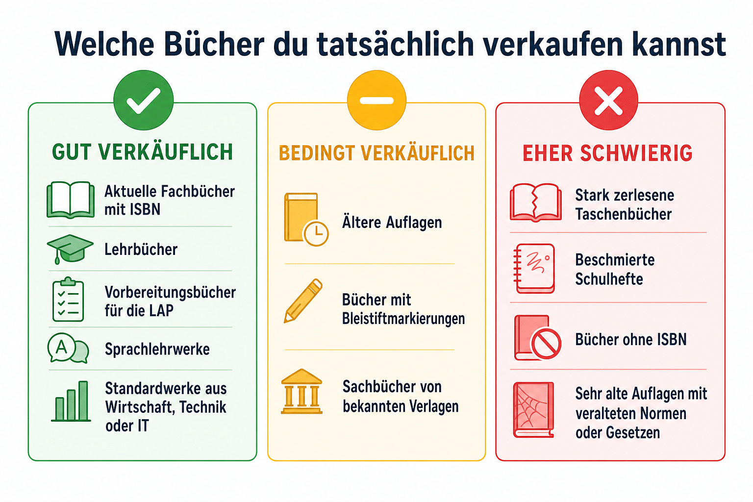 Lehrlingsportal.at Infografik, in der aufgeführt ist, welche Bücher sich leicht, mittelschwer oder schwer verkaufen lassen, gegliedert nach Faktoren wie Auflage, ISBN und Zustand.