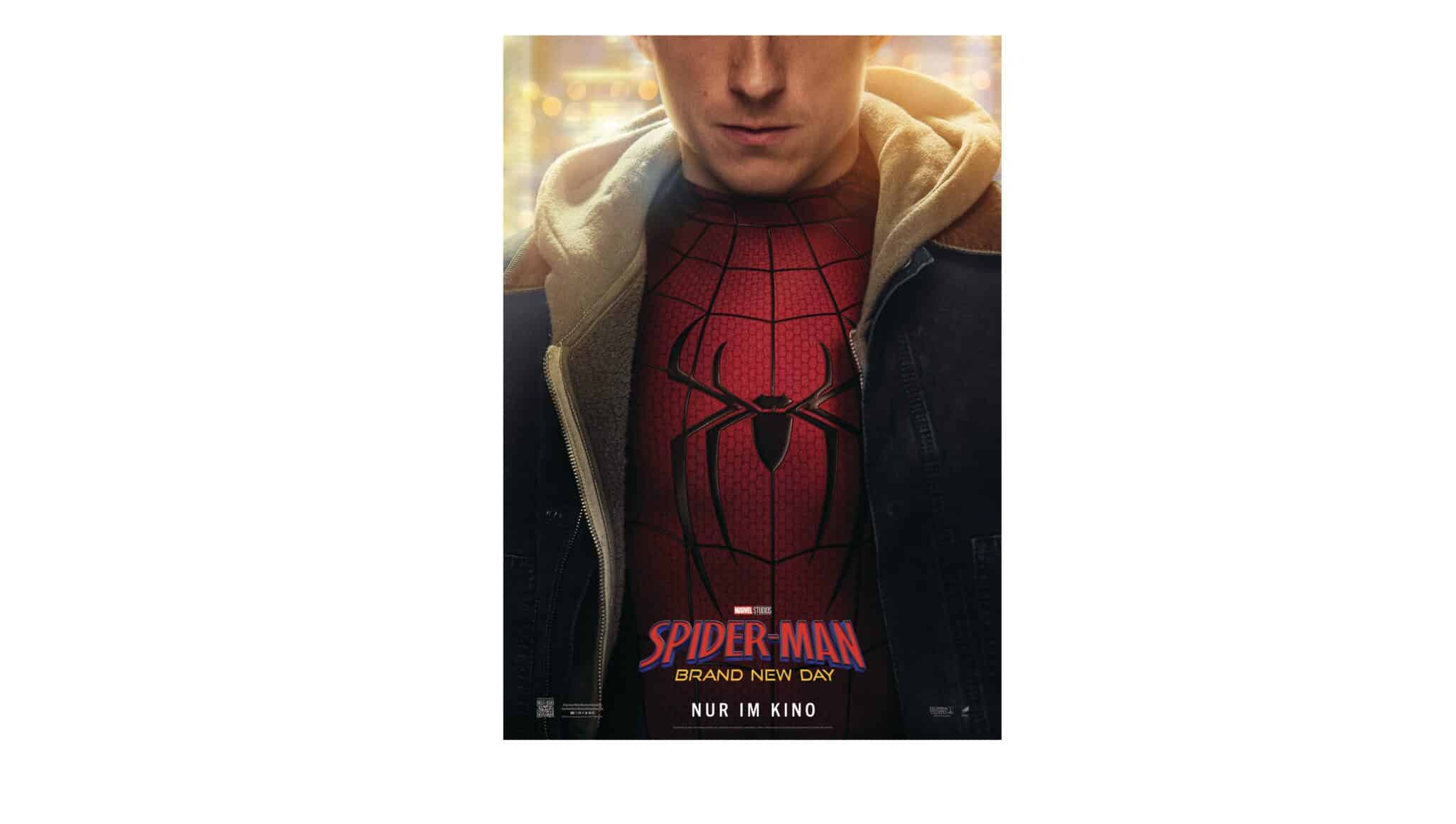Lehrlingsportal.at Poster mit einer Nahaufnahme von Spider-Mans Anzug und seiner Brust, mit dem Titel „Spider-Man: Brand New Day“ und dem Schriftzug „Nur im Kino“ am unteren Rand.
