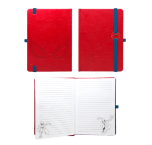 Lehrlingsportal.at Rotes Notizbuch mit festem Einband, geprägtem Spider-Man-Motiv, blauem Gummibandverschluss und linierten Seiten mit Spider-Man-Illustrationen in den Ecken.