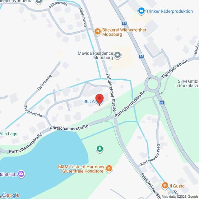 Lehrlingsportal.at Karte mit der Lage des BILLA Supermarktes an der Feldkirchener Straße nahe der Kreuzung mit der Pörtschacherstraße in Moosburg, Österreich. Nahegelegene Orientierungspunkte sind beschriftet.