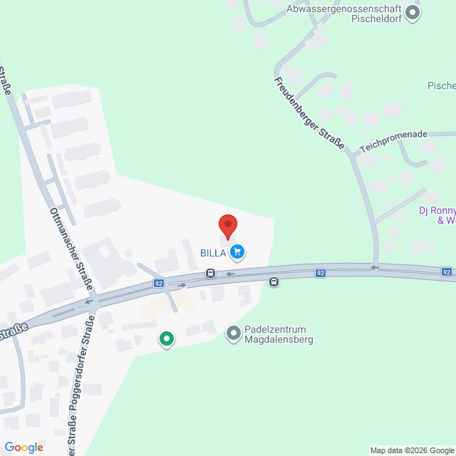 Lehrlingsportal.at Die Karte zeigt den Standort einer BILLA-Filiale in der Nähe des Padelzentrums Magdalensberg in Österreich, an der Kreuzung mehrerer Straßen, darunter Ortsmitte und Freudenberger Straße.