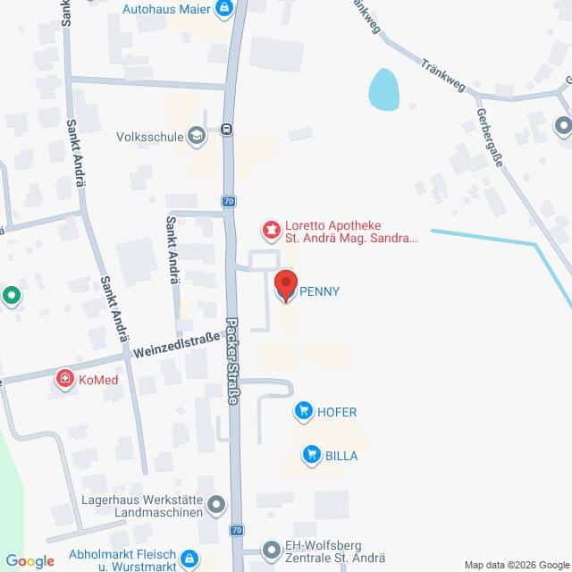 Lehrlingsportal.at Karte mit der Lage des PENNY-Supermarkts an der Packer Straße in Sankt Andrä, Österreich, mit nahegelegenen Sehenswürdigkeiten wie Loretto Apotheke, HOFER, BILLA und einer Volkschule.