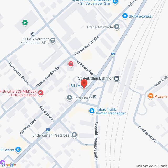 Lehrlingsportal.at Straßenkarte mit Zentrum in St. Veit/Glan Bahnhof mit Beschriftung der umliegenden Geschäfte, Restaurants und Dienstleistungen, einschließlich BILLA, Foto-Linzer und Tabak Trafik Roman Rebenegger.