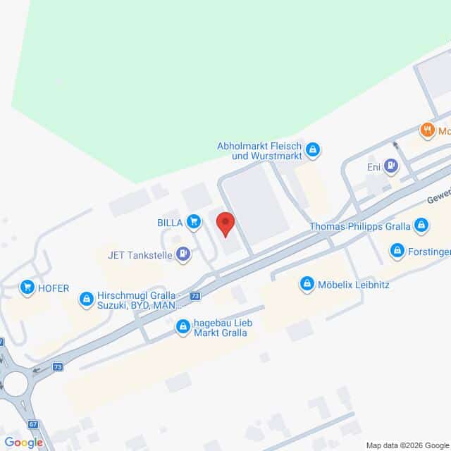 Lehrlingsportal.at Eine Karte, auf der die Standorte mehrerer Unternehmen, darunter BILLA, JET-Tankstelle, HOFER, Thomas Philipps Gralla und Möbelix Leibnitz, im Straßenplan dargestellt sind.
