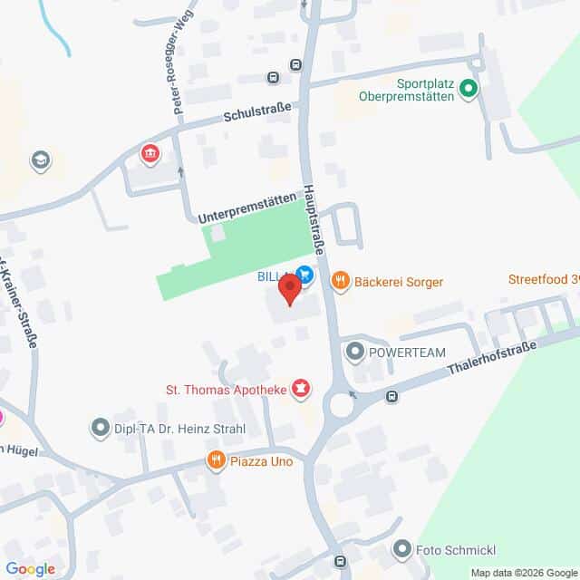 Lehrlingsportal.at Digitale Karte mit Straßen, Geschäften und Sehenswürdigkeiten in Oberpremstätten, darunter BILLA, die St. Thomas Apotheke und der Sportplatz Oberpremstätten.