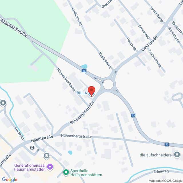 Lehrlingsportal.at Karte mit der Lage des BILLA-Supermarkts an der Kreuzung von Himmelreichstraße und Schemerlstraße in Hausmannstätten, Österreich. Die umliegenden Straßen und Sehenswürdigkeiten sind beschriftet.