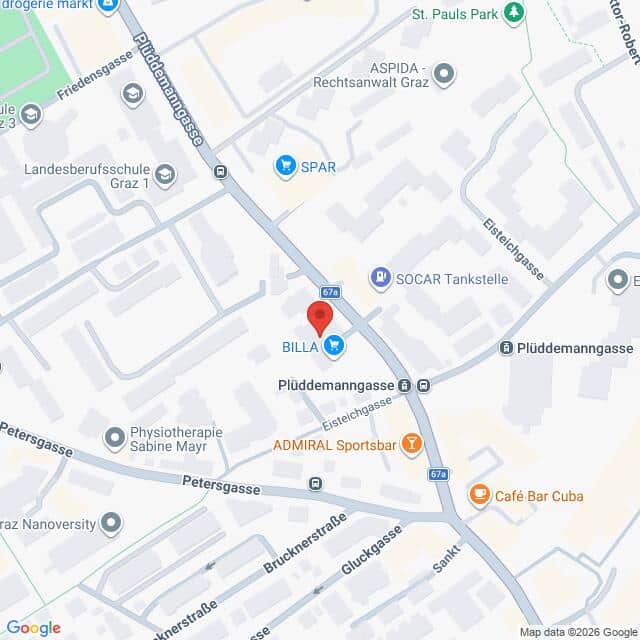 Lehrlingsportal.at Karte der Umgebung der Plüddemanngasse in Graz, Österreich, mit markierten Orientierungspunkten wie BILLA, SPAR, Tankstelle sowie den umliegenden Straßen.