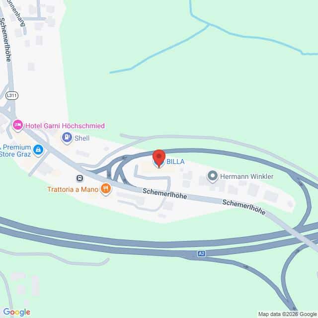Lehrlingsportal.at Eine digitale Karte, auf der der Standort von BILLA auf der Schemerlhöhe in der Nähe einer Shell-Tankstelle, eines Restaurants und wichtiger Verkehrsadern zu sehen ist.