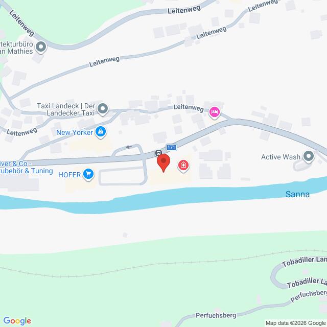 Lehrlingsportal.at Eine Karte, die einen Abschnitt des Leitenwegs in der Nähe des Flusses Sanna zeigt, auf der die umliegenden Geschäfte und Straßen eingezeichnet sind, darunter HOFER und Active Wash.