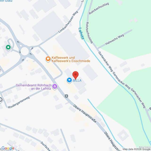 Lehrlingsportal.at Karte mit der Lage des BILLA-Supermarkts in der Nähe der Oberen Hauptstraße und des Gemeindeamts Rohrbach an der Lafnitz in Rohrbach, Österreich. Die umliegenden Straßen und Sehenswürdigkeiten sind beschriftet.