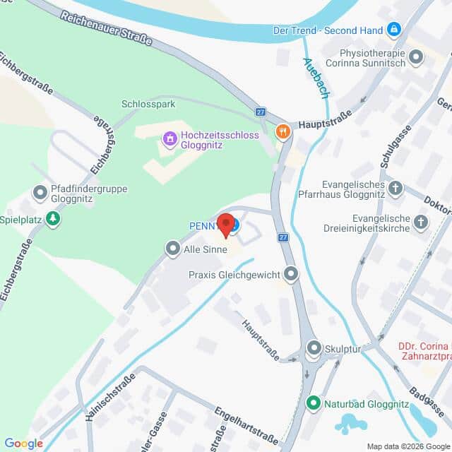 Lehrlingsportal.at Eine digitale Karte zeigt den Standort eines PENNY-Supermarkts in Gloggnitz, Österreich, in der Nähe des Schlossparks und der Hauptstraße, wobei nahegelegene Sehenswürdigkeiten und Straßen beschriftet sind.