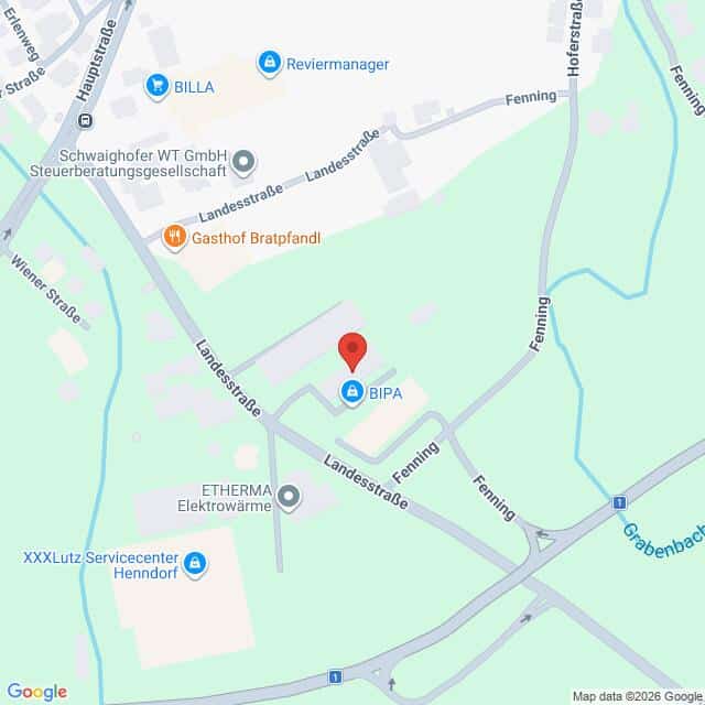 Lehrlingsportal.at Karte mit der Lage von BIPA an der Landesstraße in Fenning, Österreich, auf der nahegelegene Geschäfte und Straßen eingezeichnet sind.