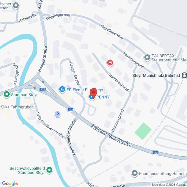 Lehrlingsportal.at Kartenansicht der Umgebung des PENNY-Supermarkts in der Reithofferstraße in Steyr, Österreich, mit den umliegenden Straßen und markanten Orten.