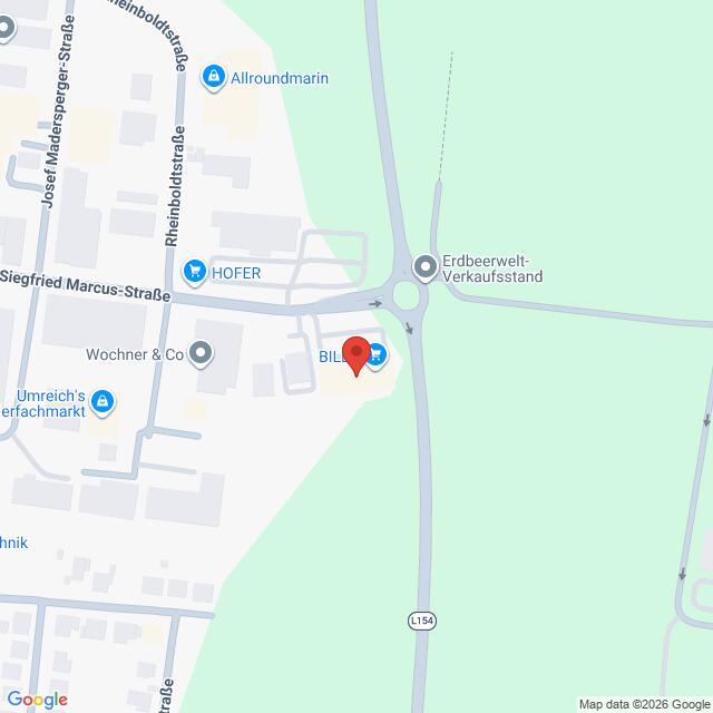Lehrlingsportal.at Karte mit der Lage von BILLA nahe der Kreuzung von Siegfried-Marcus-Straße und L156 in einem Gewerbegebiet mit nahegelegenen Geschäften und Ständen.