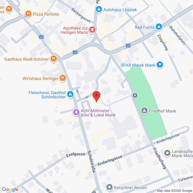 Lehrlingsportal.at Eine Karte mit den Standorten von Unternehmen und Straßen in Mank, Österreich, mit einer roten Standortmarkierung in der Nähe der Südtirolerstraße und der Exelgasse.
