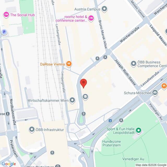 Lehrlingsportal.at Karte der Gegend um die Joseph-Roth-Gasse und die Bruno-Marek-Allee in Wien mit verschiedenen Sehenswürdigkeiten und Geschäften.