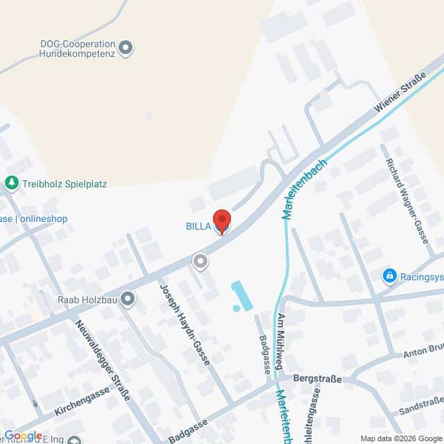 Lehrlingsportal.at Die Karte zeigt den Standort von BILLA in der Wiener Straße nahe der Kreuzung mit dem Marktlenbach in einem Wohngebiet, wobei die umliegenden Straßen eingezeichnet sind.