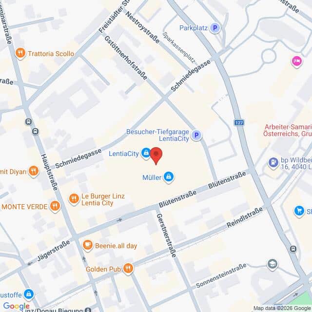 Lehrlingsportal.at Eine Kartenansicht der LentiaCity in Linz, Österreich, mit Beschriftung der umliegenden Straßen, Geschäfte, Restaurants und Parkplätze.