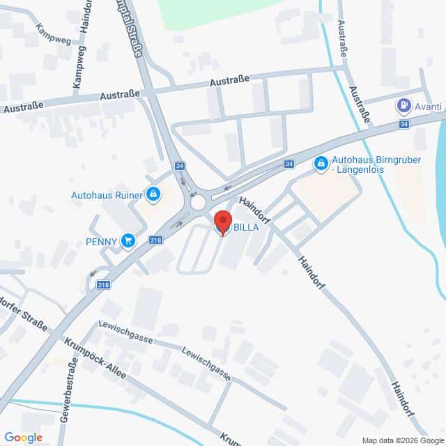 Lehrlingsportal.at Eine Karte mit Straßen und Geschäften in einem städtischen Gebiet, mit einer roten Markierung, die den Standort von BILLA in der Haindorfstraße anzeigt. In der Nähe befinden sich PENNY und mehrere Autohäuser.
