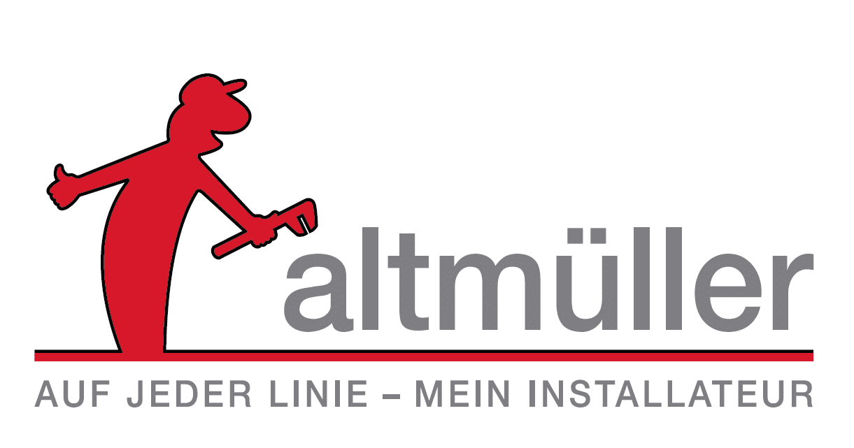 Lehrlingsportal.at Rote Silhouette, die einen Schraubenschlüssel hält, neben dem Text „altmüller“. Darunter auf Deutsch: „AUF JEDER LINIE – MEIN INSTALLATEUR“. Das Design ist in den Farben Rot und Grau gehalten.
