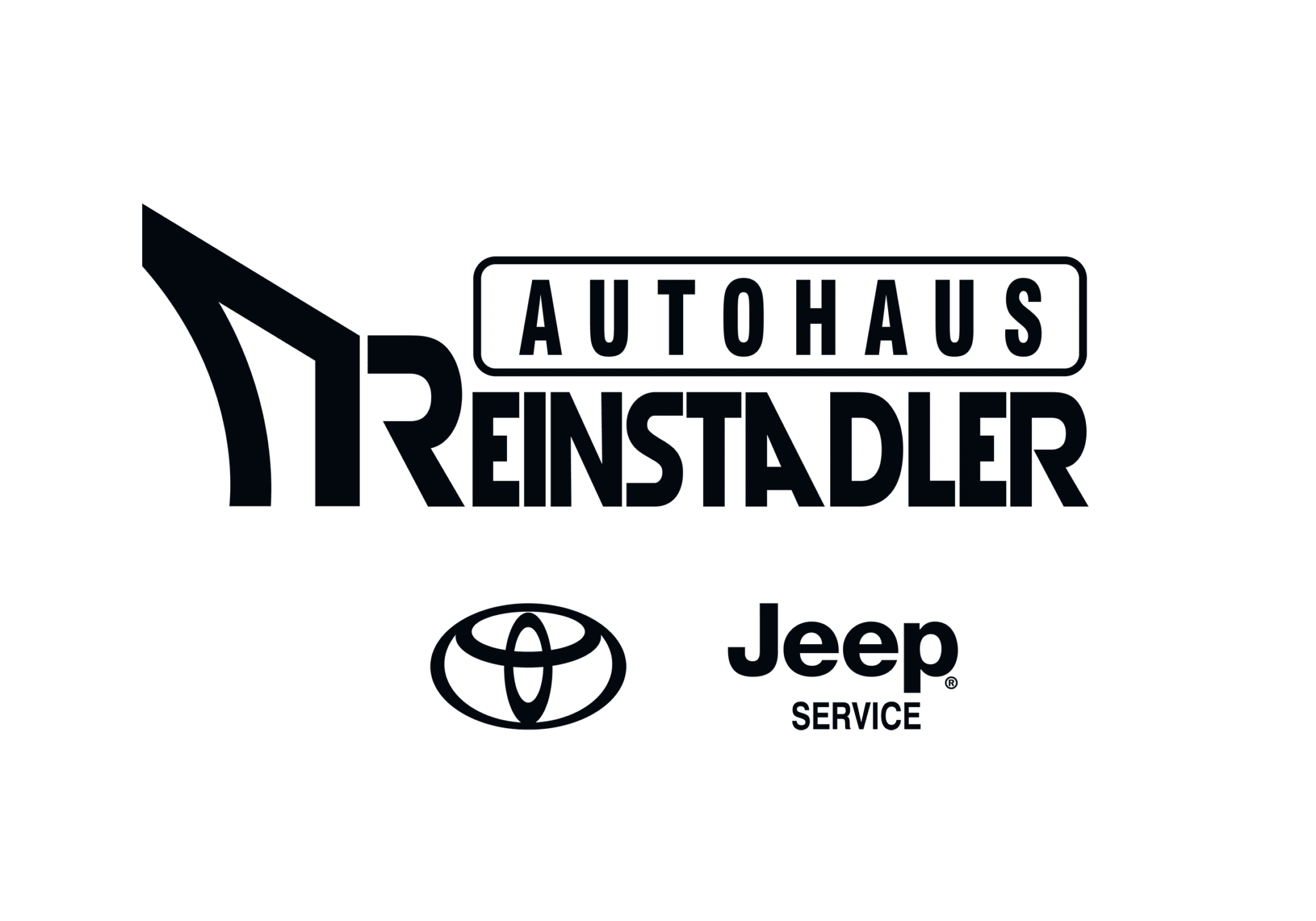 Lehrlingsportal.at Das Logo von Autohaus Reinstadler über den Logos von Toyota und Jeep Service auf hellgrauem Hintergrund.