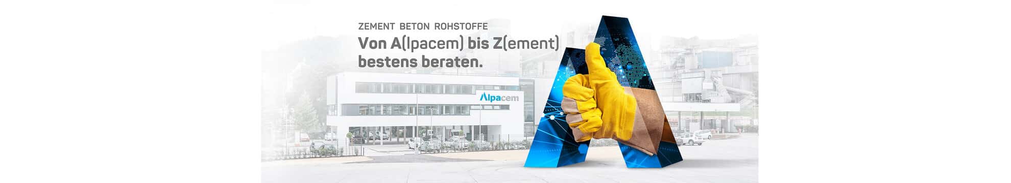 Lehrlingsportal.at Vor einem modernen Alpacem-Gebäude steht ein großer Buchstabe „A“ mit einer Handschlag-Grafik; oben links ist ein deutscher Text zu sehen.