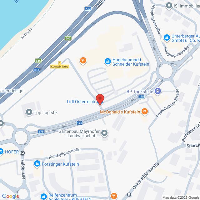 Lehrlingsportal.at Eine Karte, auf der der Standort von Lidl Österreich in der Nähe von McDonald’s Kufstein zu sehen ist, umgeben von Straßen und benachbarten Geschäften in Kufstein, Österreich.