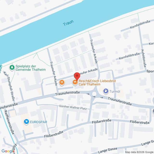 Lehrlingsportal.at Karte mit der Lage des „Resch&Frisch Liebbrot Café Thalheim“ in der Nähe der Traun und der Traunufer Arkade sowie mit Sehenswürdigkeiten in der Umgebung, darunter EUROSPAR und ein öffentlicher Spielplatz.