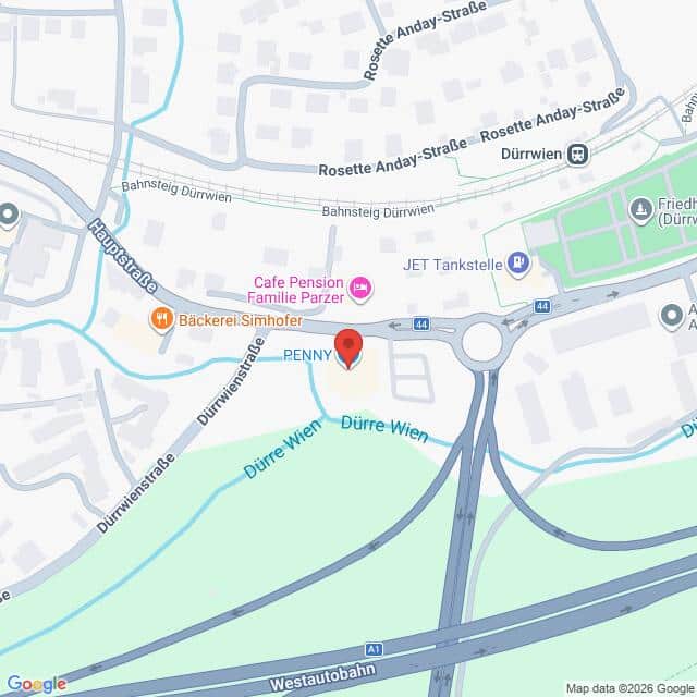 Lehrlingsportal.at Karte mit der Lage von PENNY in der Nähe der Dürrenstraße und der Hauptstraße in Dürrwien, auf der die umliegenden Geschäfte und Straßen eingezeichnet sind.