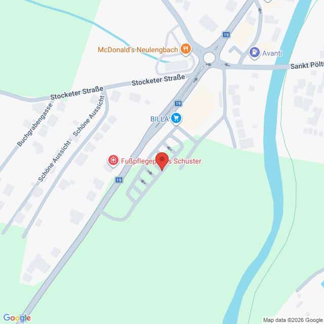 Lehrlingsportal.at Karte mit der Lage von „Fußpflege Schuster“ in Neulengbach, Österreich, sowie nahegelegenen Orientierungspunkten wie BILLA, McDonald’s und einem Fluss.