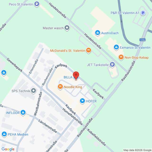 Lehrlingsportal.at Karte des Einkaufszentrums „Kaufpark“ in St. Valentin, Österreich, mit den umliegenden Geschäften, darunter BILLA, HOFER, Noodle King, McDonald’s und die JET-Tankstelle.