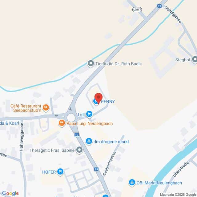 Lehrlingsportal.at Karte mit der Lage von PENNY in der Nähe der Seebachgasse in Neulengbach, Österreich, sowie umliegenden Geschäften wie Lidl, dm drogerie markt und OBI Markt.