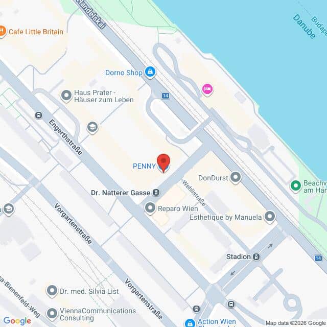Lehrlingsportal.at Karte mit der Lage des PENNY-Supermarkts in der Nähe der Donau in Wien, Österreich, auf der die umliegenden Straßen und Geschäfte eingezeichnet sind.