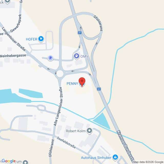 Lehrlingsportal.at Karte mit der Lage eines PENNY-Marktes in der Nähe eines Kreisverkehrs an der Kreuzung von Grafenauer Straße und Alle Langeloiser Straße in Österreich. Zu den Sehenswürdigkeiten in der Nähe zählen HOFER und OMV.