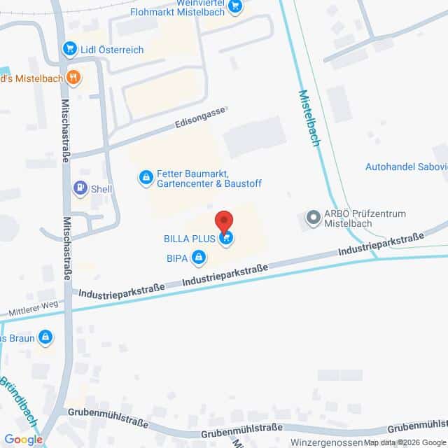 Lehrlingsportal.at Karte mit der Lage von BILLA PLUS und BIPA in der Nähe der Industrieparkstraße in Mistelbach, Österreich, mit den umliegenden Straßen und Sehenswürdigkeiten.