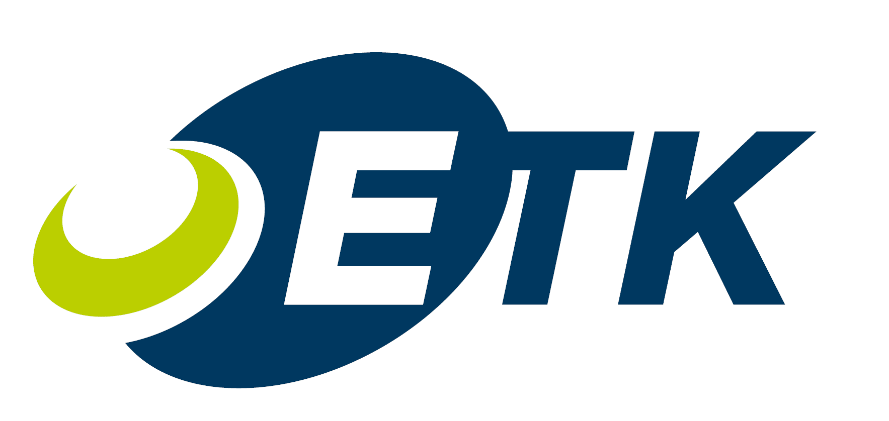 Lehrlingsportal.at Logo mit fetten blauen Buchstaben „ETK“ auf einem blauen Oval, das auf der linken Seite teilweise von einem grün-weißen, geschwungenen Motiv überlagert wird.