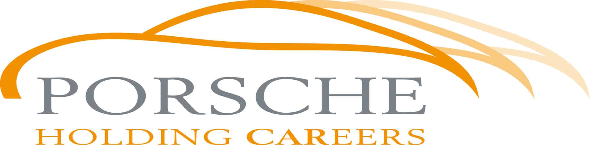 Lehrlingsportal.at Logo mit dem Umriss eines orangefarbenen Autos über dem Schriftzug „Porsche Holding Careers“ in grau und orange auf weißem Hintergrund.