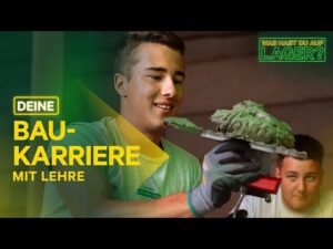 Lehrlingsportal.at Zwei junge Männer arbeiten mit Mörtel; einer verteilt ihn mit einer Kelle. Ein Text auf Deutsch wirbt für einen Beruf im Bauwesen mit Ausbildung.