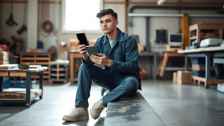 Lehrlingsportal.at Ein junger Mann in Freizeitkleidung sitzt auf einer Werkbank in einer Werkstatt und hält ein Smartphone und ein Notizbuch in der Hand; im Hintergrund sind Regale und Werkzeuge zu sehen.