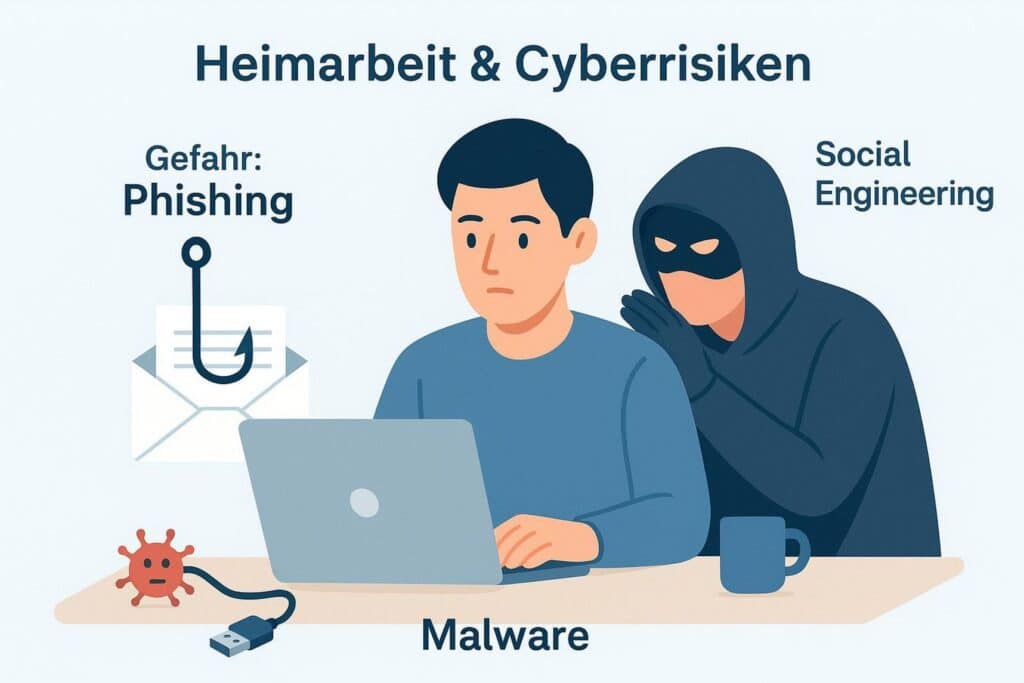 Lehrlingsportal.at Eine Illustration eines Mannes an einem Laptop mit Symbolen, die die Risiken von Phishing, Malware und Social Engineering bei der Arbeit im Homeoffice darstellen; hinter ihm flüstert eine maskierte Gestalt.