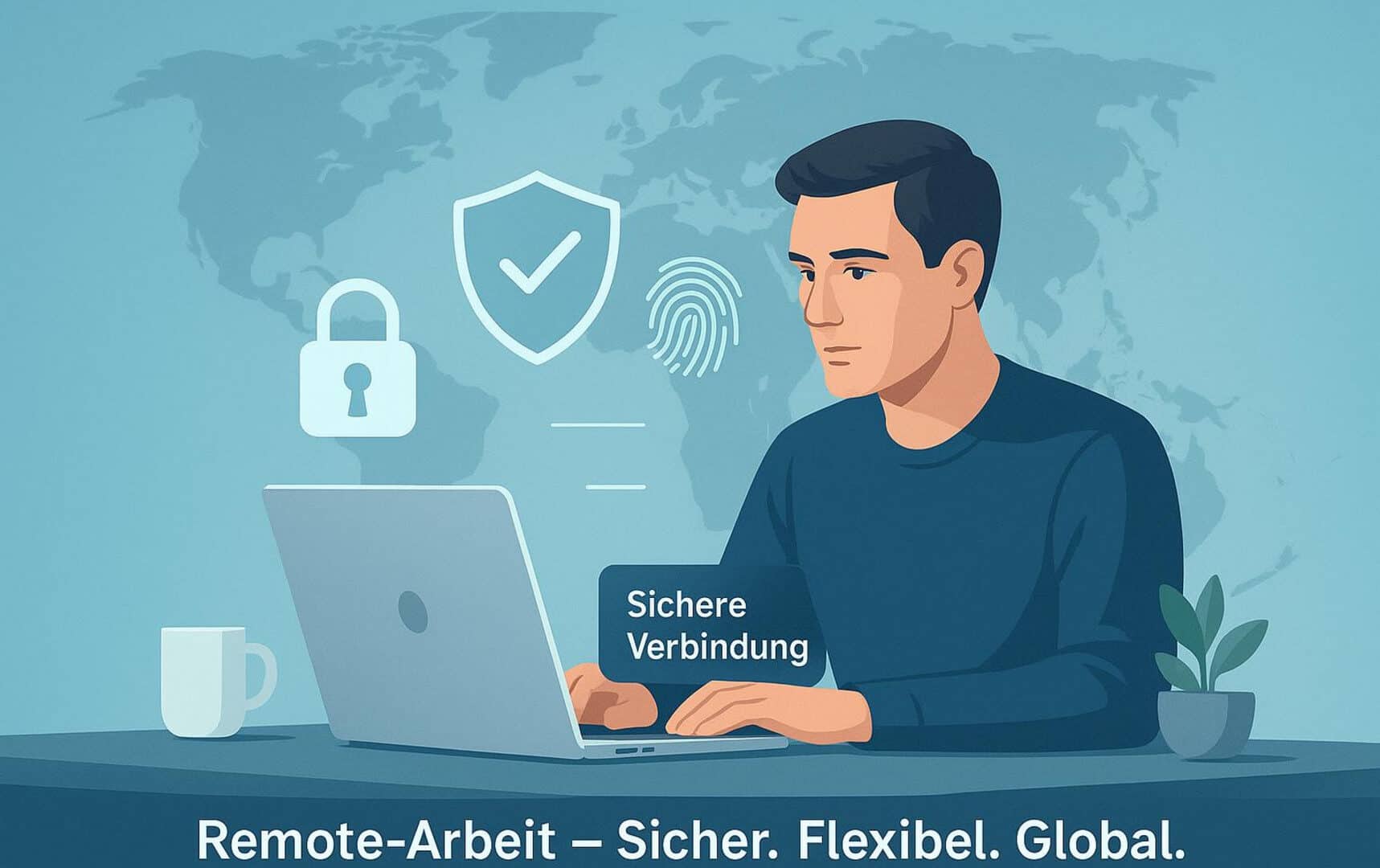 Lehrlingsportal.at Illustration eines Mannes, der an einem Laptop arbeitet, mit Sicherheitssymbolen und der Aufschrift „Sichere Verbindung“. Der Text darunter lautet: „Remote-Arbeit – Sicher. Flexibel. Global.“.