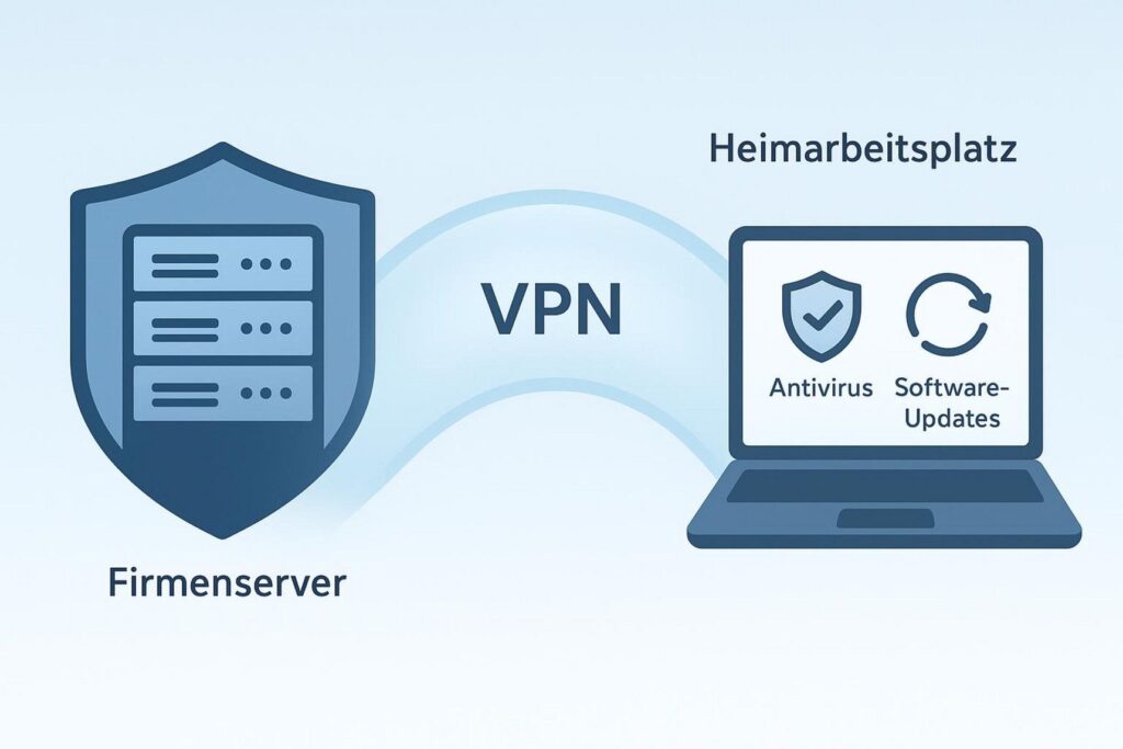 Lehrlingsportal.at Schematische Darstellung einer VPN-Verbindung zwischen einem Unternehmensserver und einem Heim-Computer, wobei der Virenschutz und Software-Updates hervorgehoben sind.