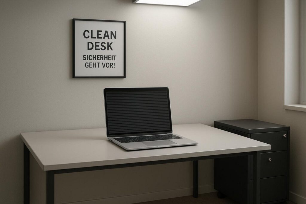 Lehrlingsportal.at In einer minimalistisch gestalteten Büroumgebung steht ein geschlossener Laptop auf einem aufgeräumten Schreibtisch unter einem gerahmten Schild mit der Aufschrift „CLEAN DESK SICHERHEIT GEHT VOR!“.