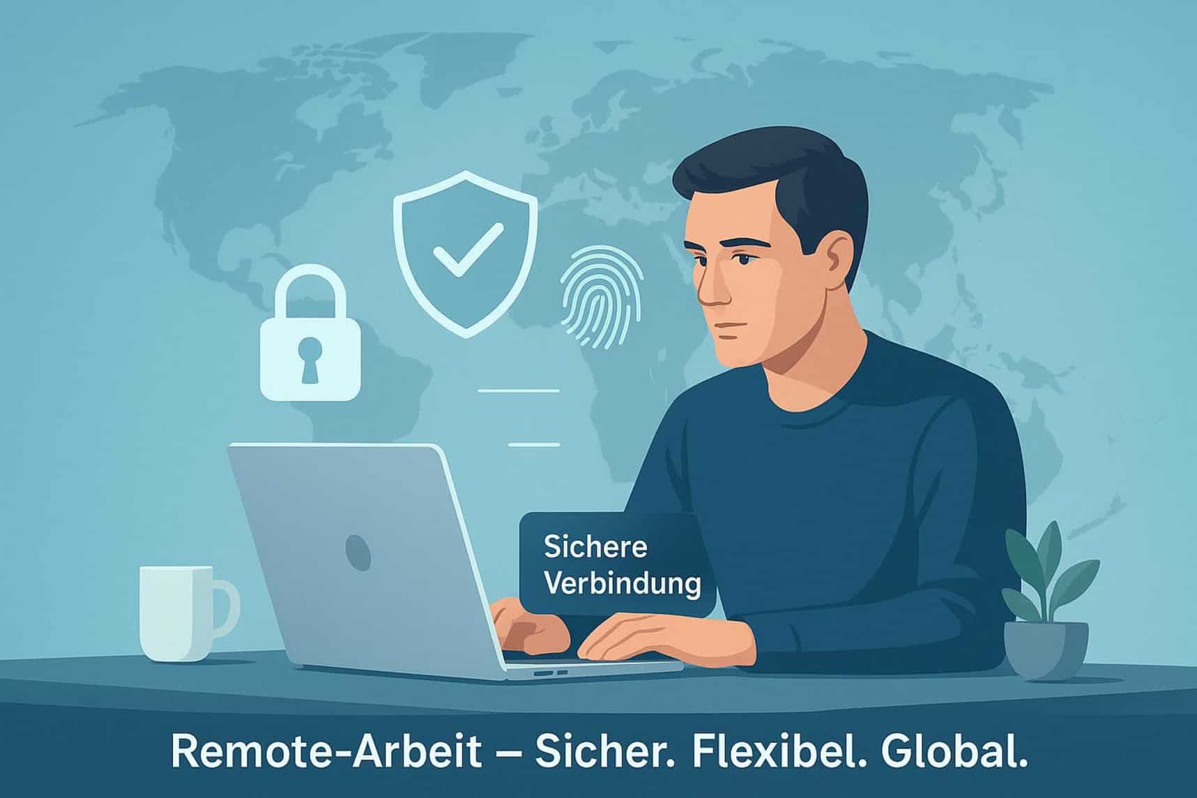 Lehrlingsportal.at Illustration eines Mannes, der an einem Laptop arbeitet, mit Sicherheitssymbolen und der Aufschrift „Sichere Verbindung“. Der Text darunter lautet: „Remote-Arbeit – Sicher. Flexibel. Global.“.