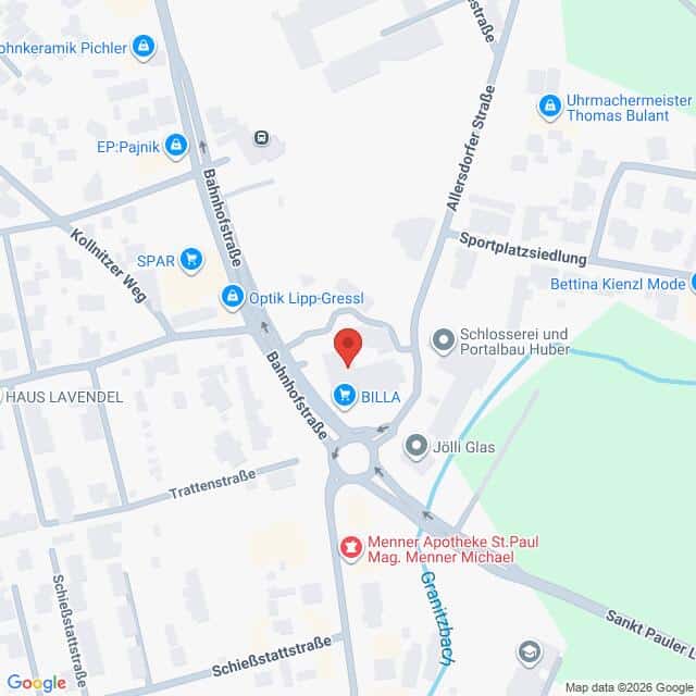 Lehrlingsportal.at Eine Karte, auf der ein Kreisverkehr mit den in der Nähe gelegenen Geschäften und Straßen eingezeichnet ist, darunter BILLA, SPAR und die Menner Apotheke St. Paul.