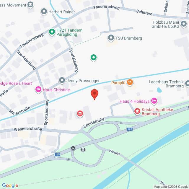 Lehrlingsportal.at Karte, die einen Ausschnitt von Bramberg zeigt, auf der Orte wie Apotheken, Ferienhäuser und Straßen wie die Sportstraße und die Wennerstraße eingezeichnet sind.