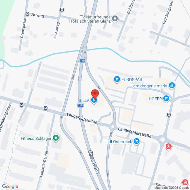 Lehrlingsportal.at Kartenansicht der Kreuzung Langfelderstraße/Eisenstraße in Trofaiach, Österreich, mit den in der Nähe gelegenen Geschäften BILLA, Lidl, Eurospar und Hofer.