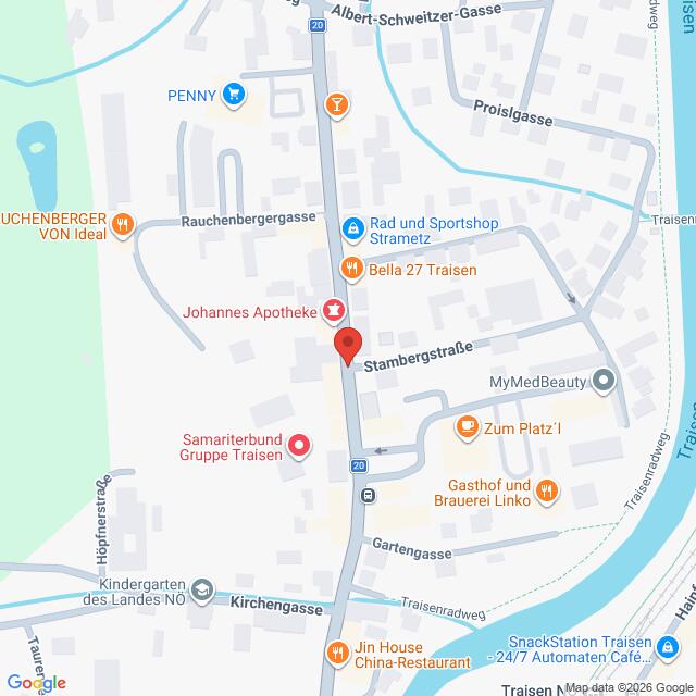 Lehrlingsportal.at Karte der Stambergstraße in Traisen, Österreich, mit Markierungen für Geschäfte, eine Apotheke, Restaurants und einen Fluss im Osten. Die Straßen und umliegenden Orte sind beschriftet.