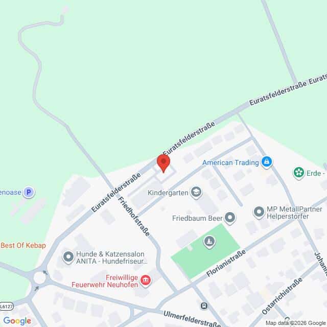 Lehrlingsportal.at Karte, die einen Abschnitt der Eurasfelderstraße mit nahegelegenen Geschäften, einem Kindergarten und lokalen Straßen in Neu-Ulm, Deutschland, zeigt. Auf der Eurasfelderstraße ist eine rote Standortmarkierung zu sehen.