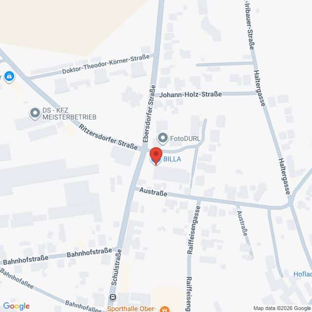 Lehrlingsportal.at Karte, auf der die Ebersdorfer Straße und die umliegenden Straßen in einem Stadtviertel dargestellt sind, mit einer Markierung bei BILLA und den umliegenden Geschäften als Beschriftung.